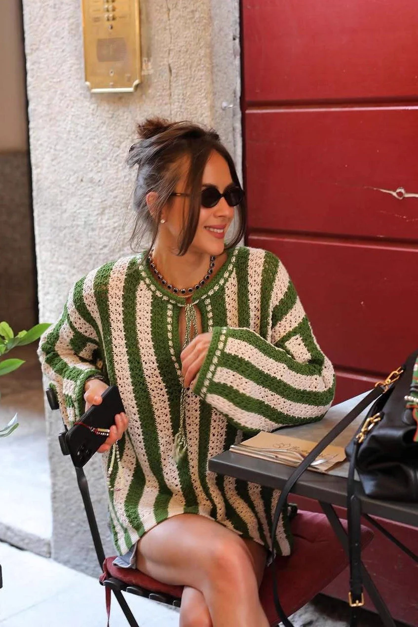 Green White Striped Tie Front Sweater - Image 5