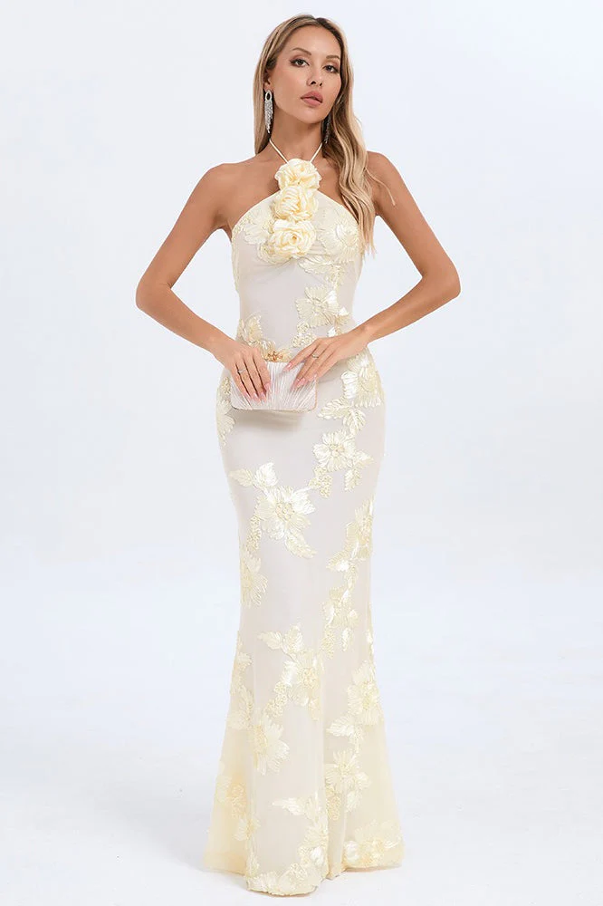 Halter Floral Foil Print Maxi Dress - Image 3