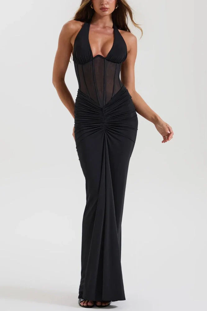 Halter Mesh Panel Maxi Dress - Image 5