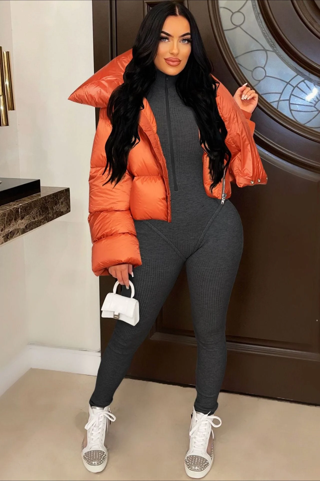 High Neck Scarf Collar Quilted Puffer Jacket - Image 2