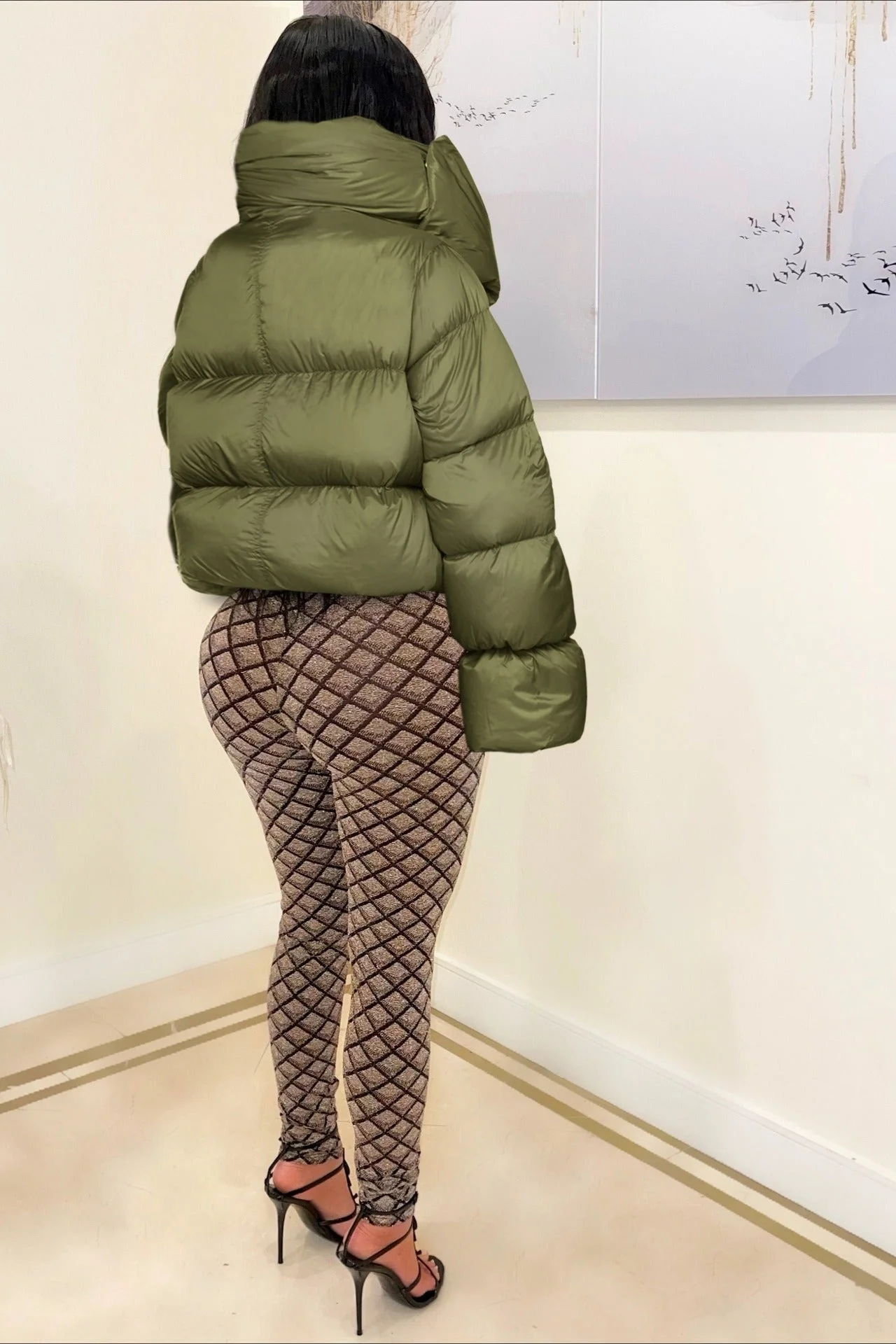High Neck Scarf Collar Quilted Puffer Jacket - Image 7