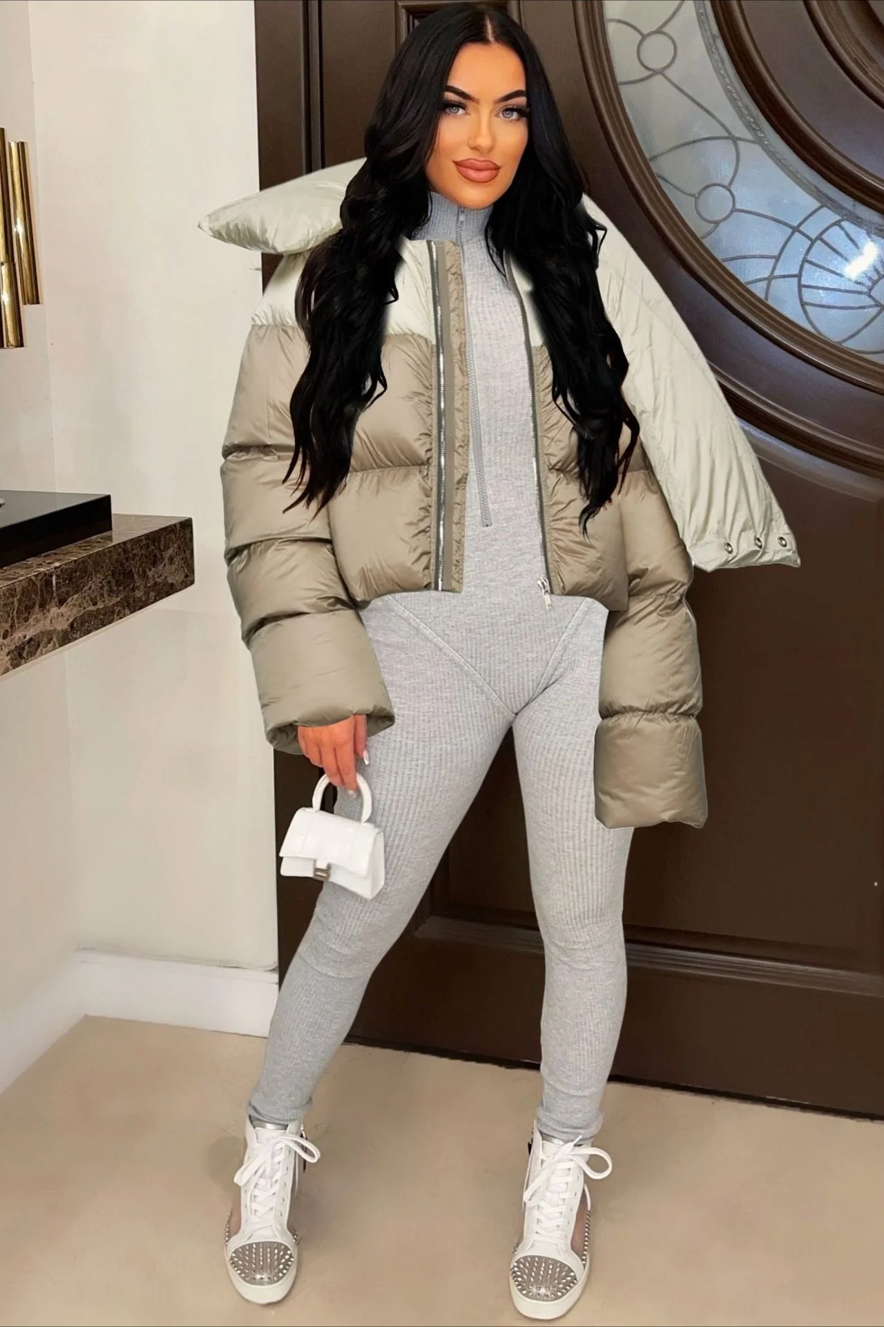 High Neck Scarf Collar Quilted Puffer Jacket - Image 8