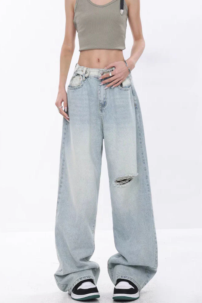 High Waist Draped Gradient Ripped Jeans - Image 11