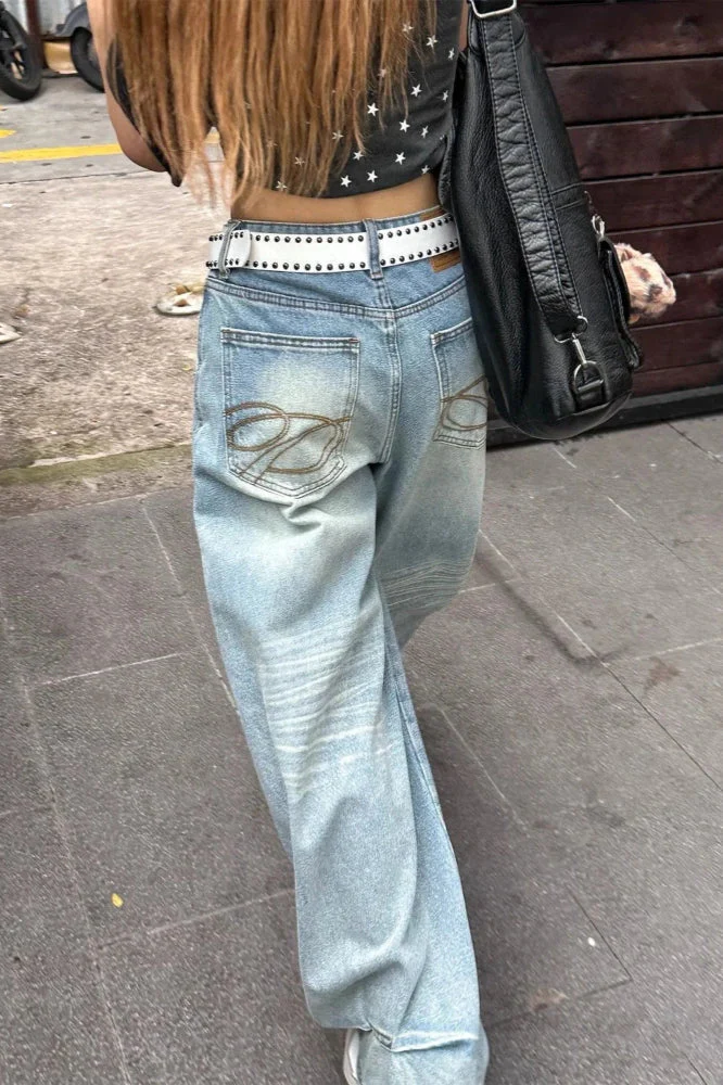 High Waist Embroidered Wide Leg Jeans - Image 16