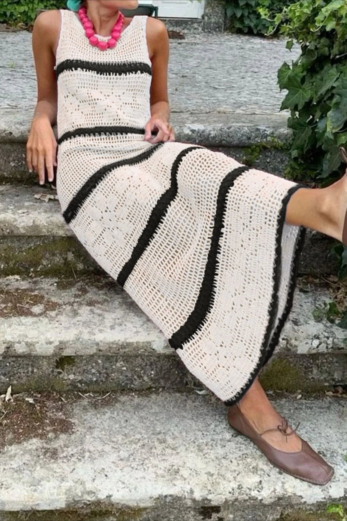 Hollow Knit Contrast Tank Sweater Dress - Image 3