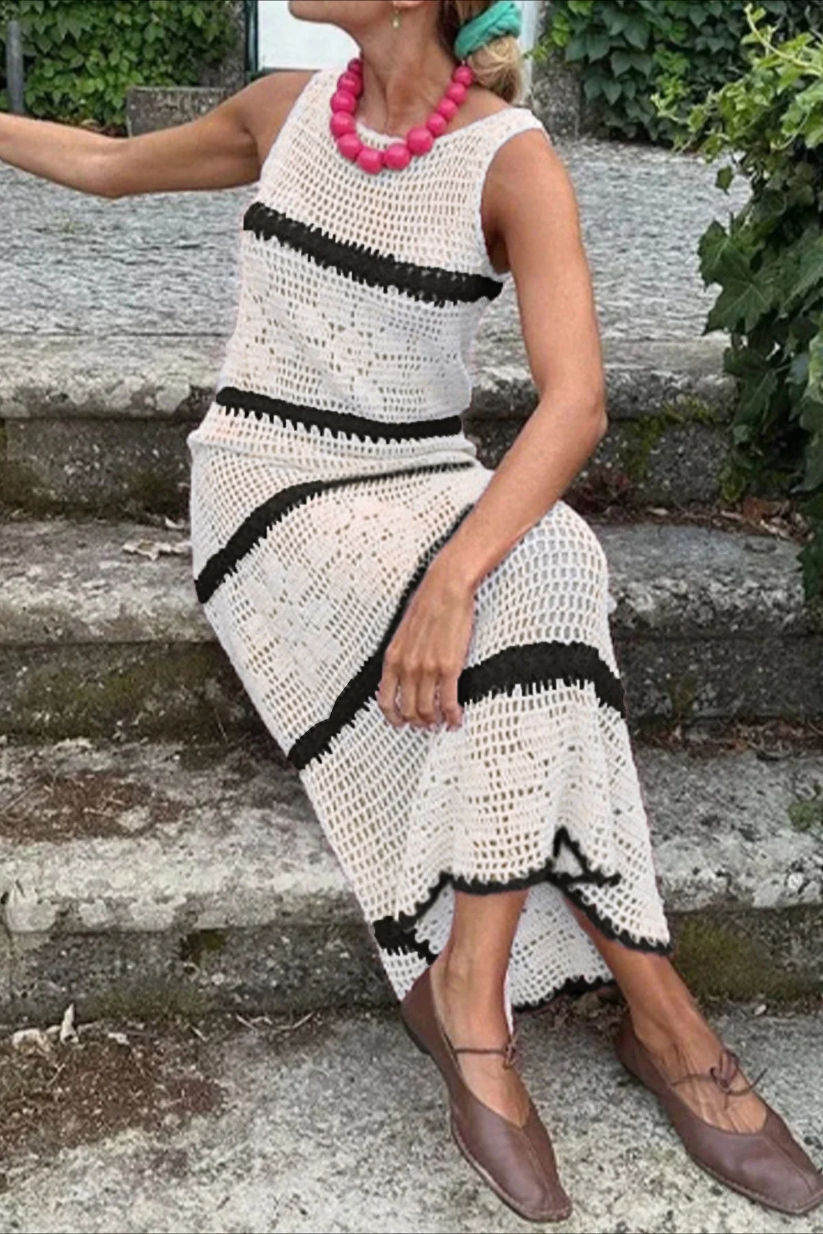 Hollow Knit Contrast Tank Sweater Dress - Image 4