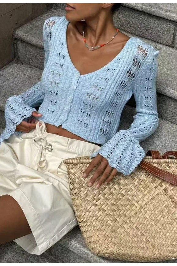 Hollow Out Knit V Neck Long Sleeve Cardigan - Image 14
