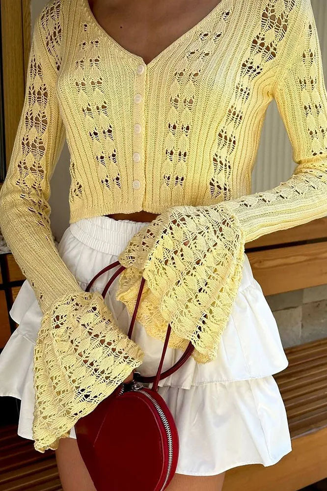 Hollow Out Knit V Neck Long Sleeve Cardigan - Image 16