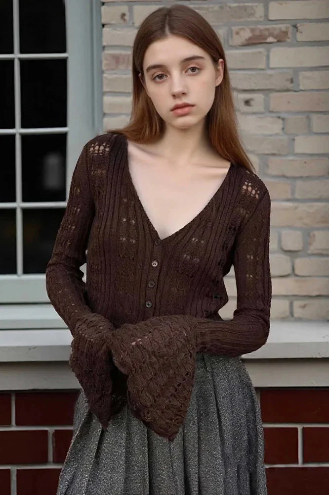 Hollow Out Knit V Neck Long Sleeve Cardigan - Image 24