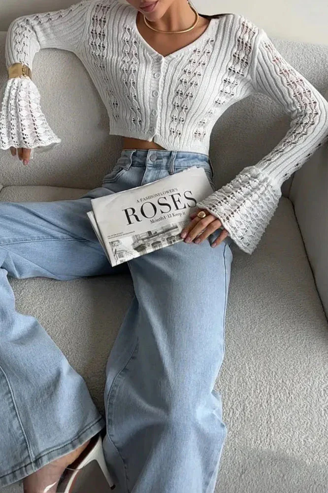 Hollow Out Knit V Neck Long Sleeve Cardigan - Image 3