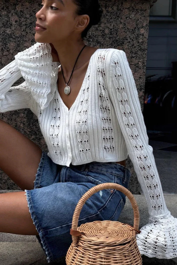 Hollow Out Knit V Neck Long Sleeve Cardigan - Image 30