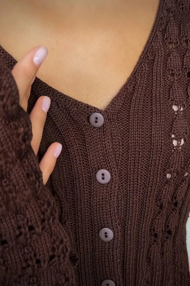 Hollow Out Knit V Neck Long Sleeve Cardigan - Image 37