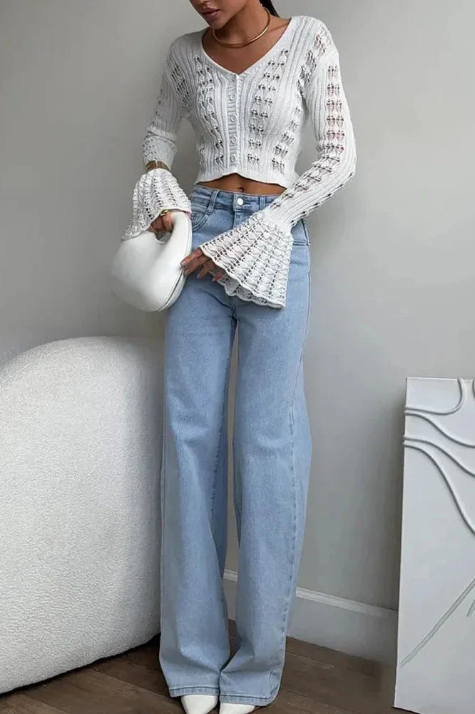 Hollow Out Knit V Neck Long Sleeve Cardigan - Image 4