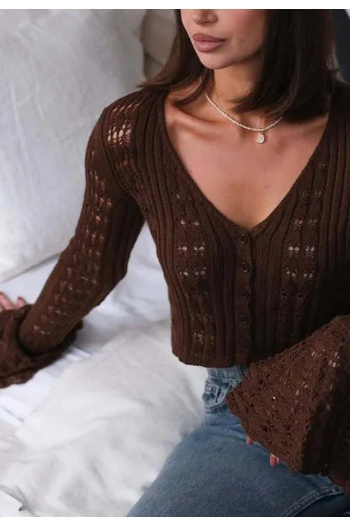 Hollow Out Knit V Neck Long Sleeve Cardigan - Image 5