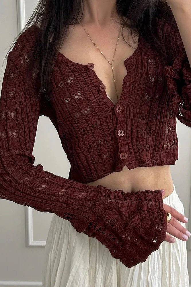 Hollow Out Knit V Neck Long Sleeve Cardigan - Image 6