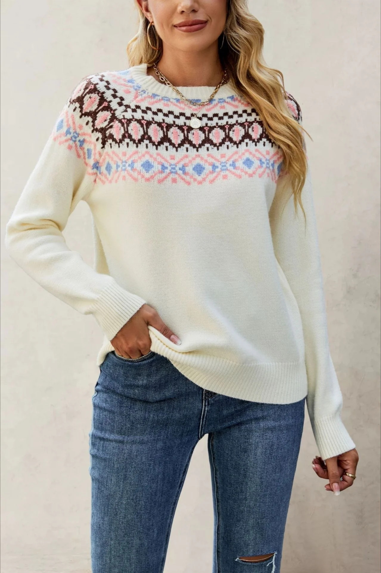 Jacquard Crew Neck Knit Pullover Sweater - Image 2