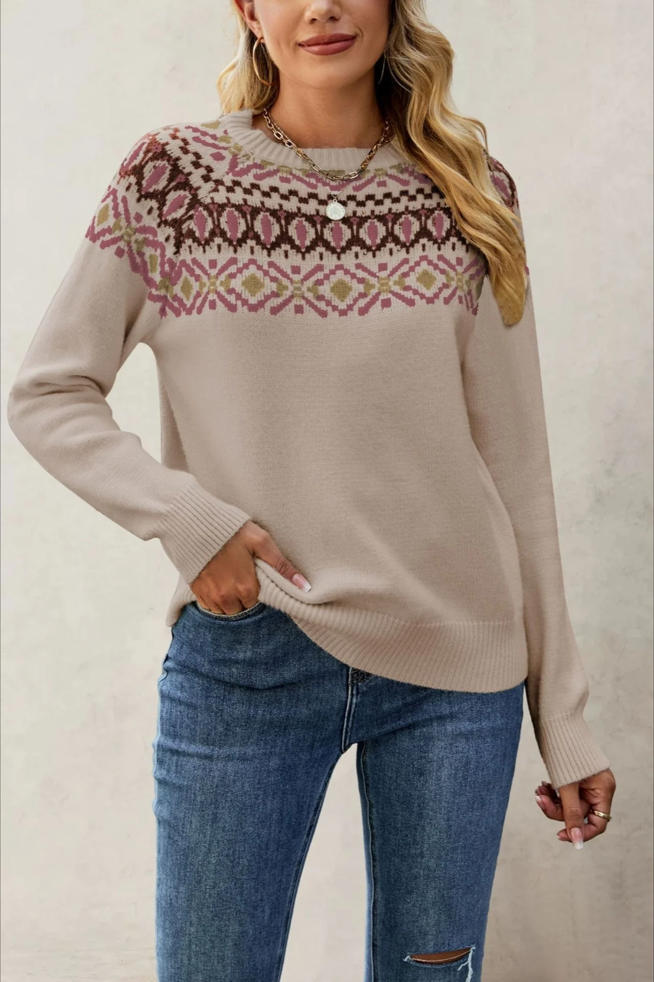 Jacquard Crew Neck Knit Pullover Sweater - Image 5
