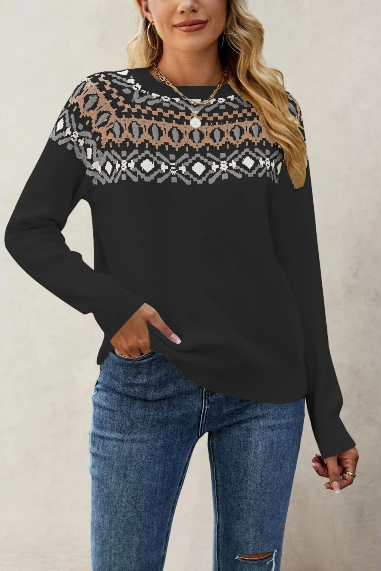 Jacquard Crew Neck Knit Pullover Sweater - Image 7