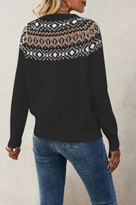 Jacquard Crew Neck Knit Pullover Sweater - Image 9
