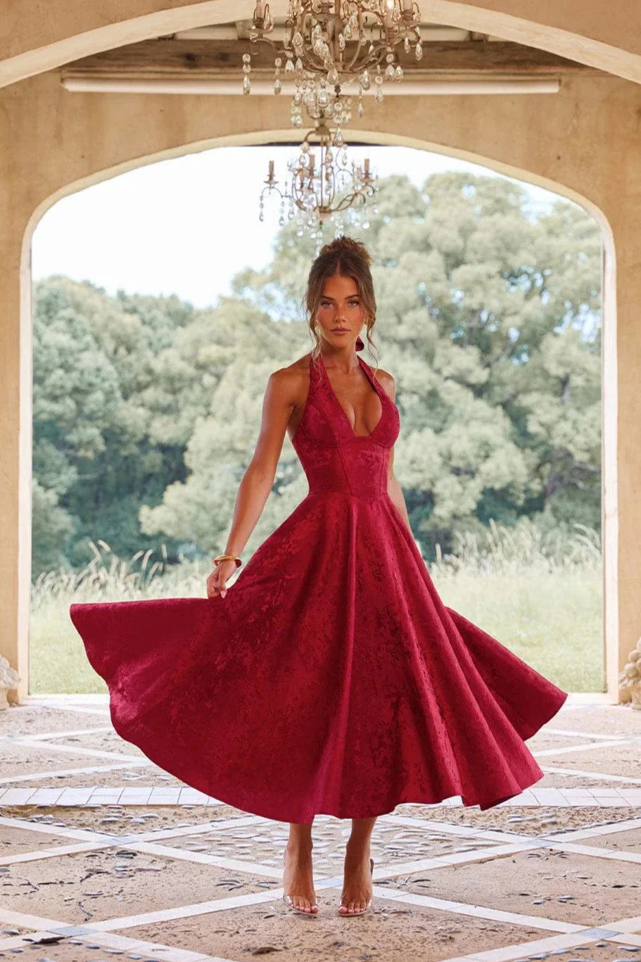 Jacquard Halter V-Neck Party Dress - Image 10