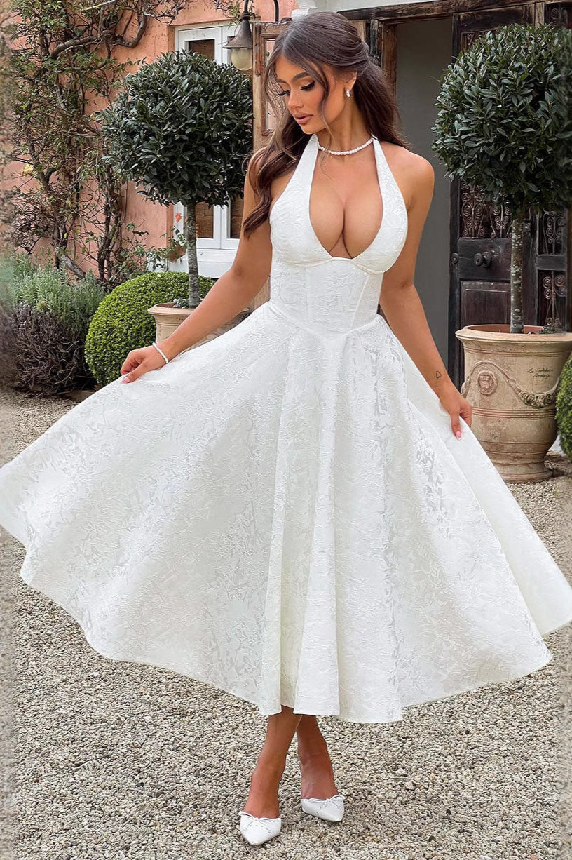 Jacquard Halter V-Neck Party Dress - Image 2