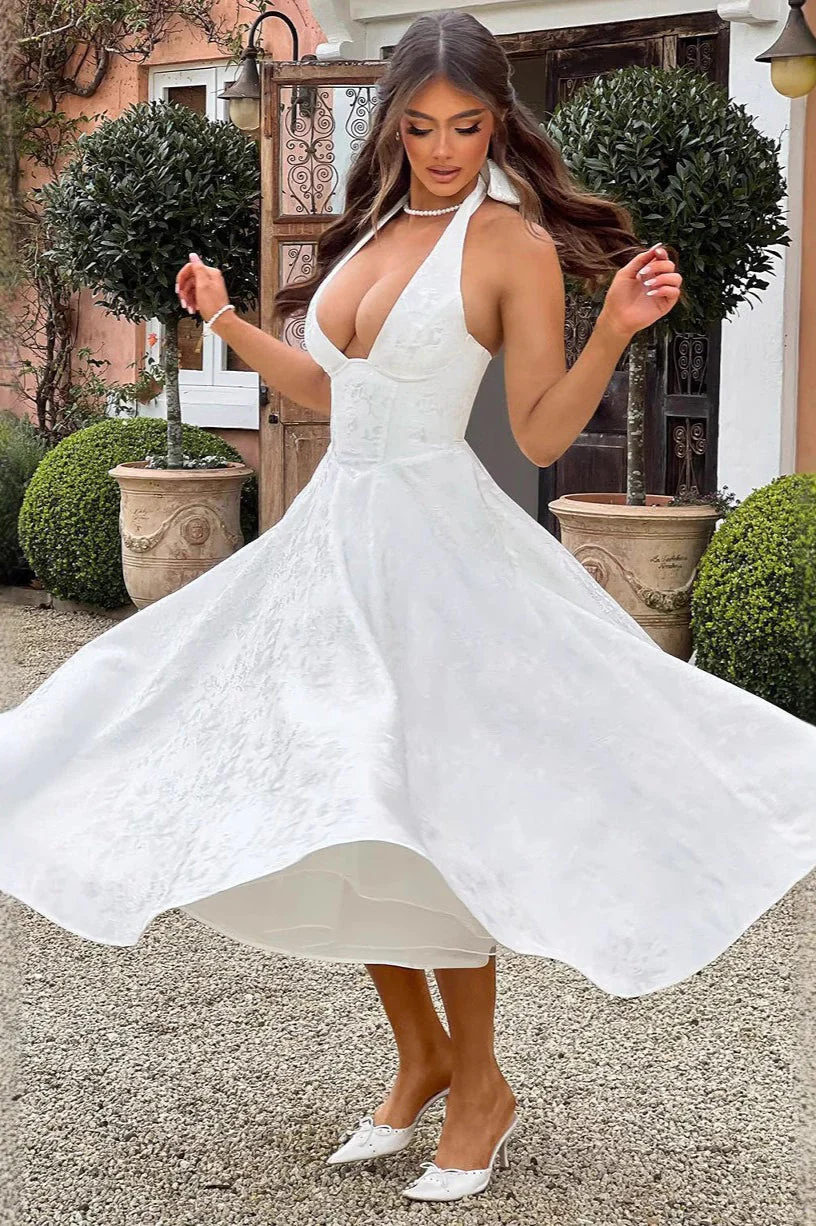 Jacquard Halter V-Neck Party Dress - Image 3