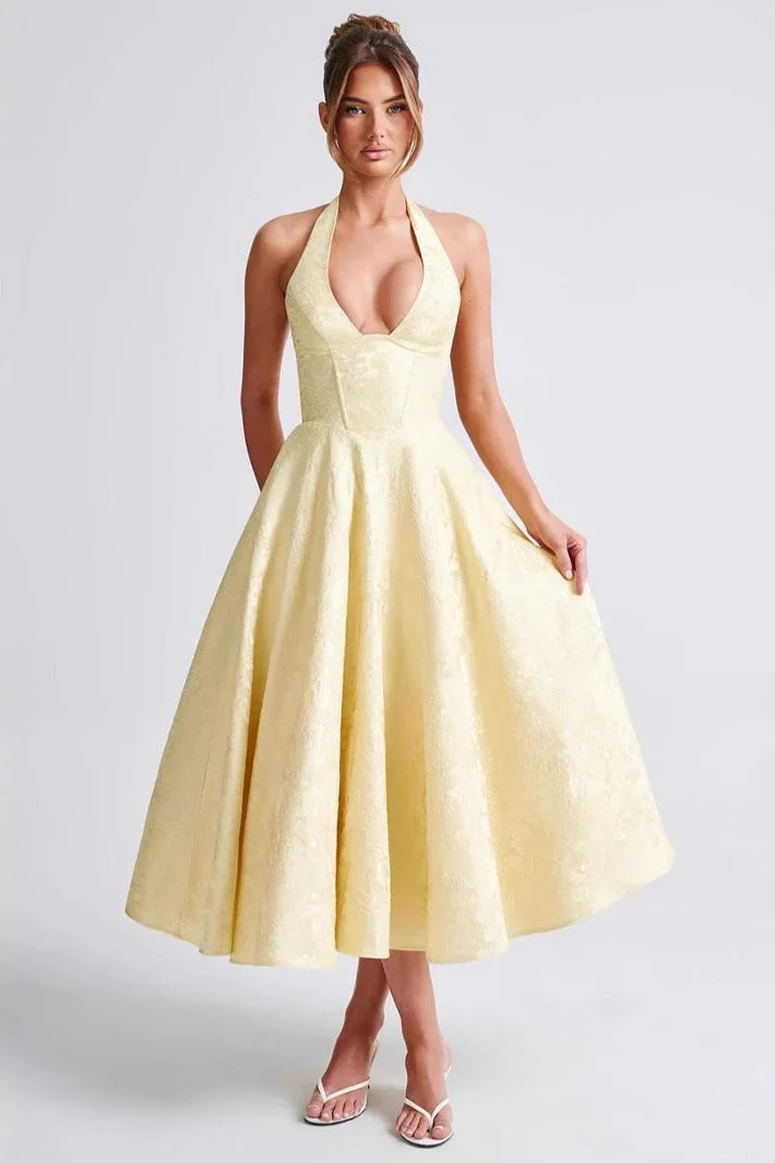 Jacquard Halter V-Neck Party Dress - Image 6