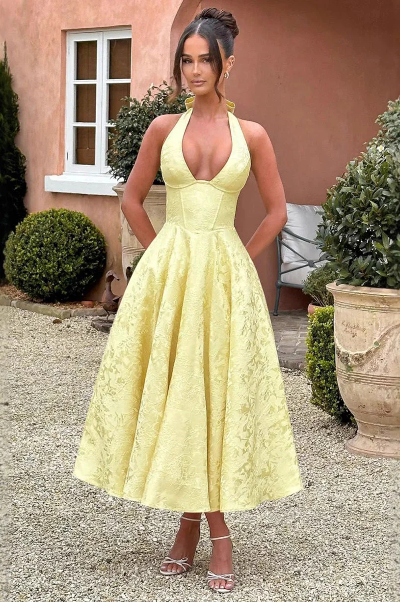 Jacquard Halter V-Neck Party Dress - Image 8