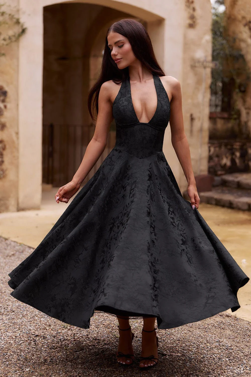 Jacquard Halter V-Neck Party Dress - Image 9