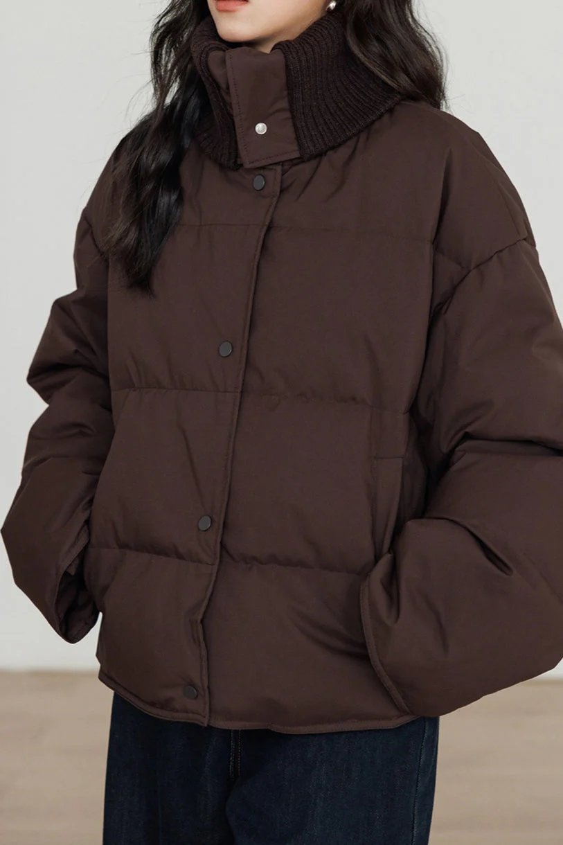 Knit Collar White Duck Down Puffer Jacket - Image 3
