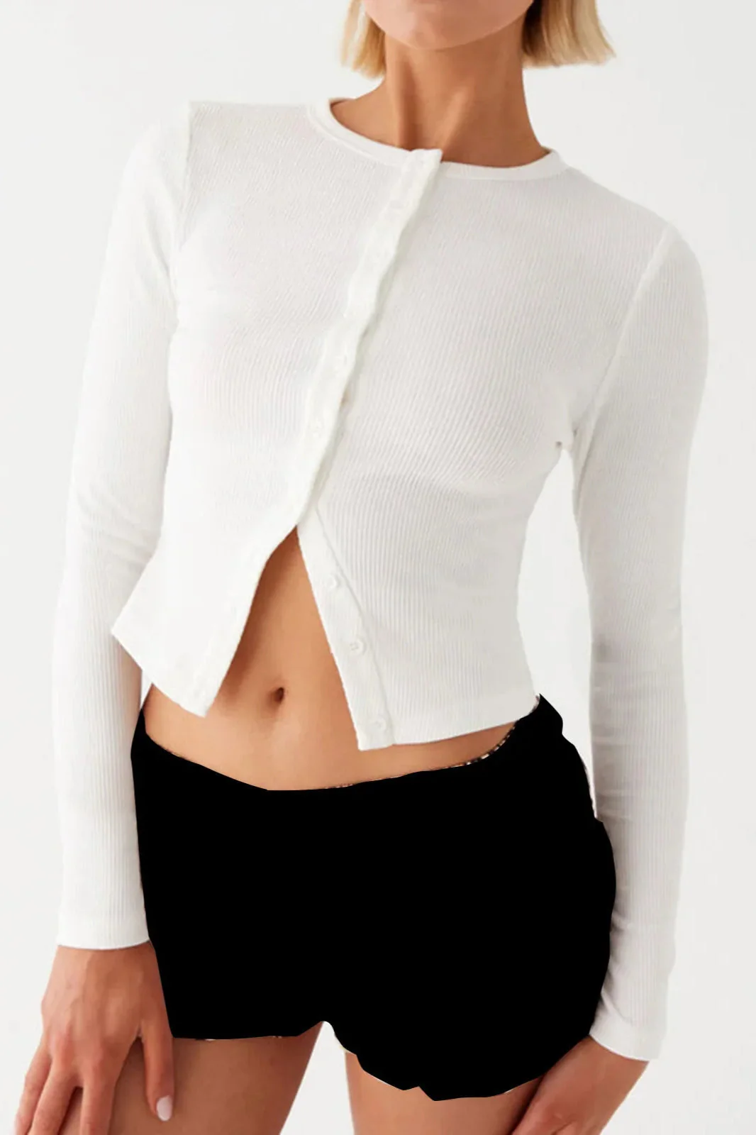 Knit Ribbed Button Front Crop Cardigan - Image 2