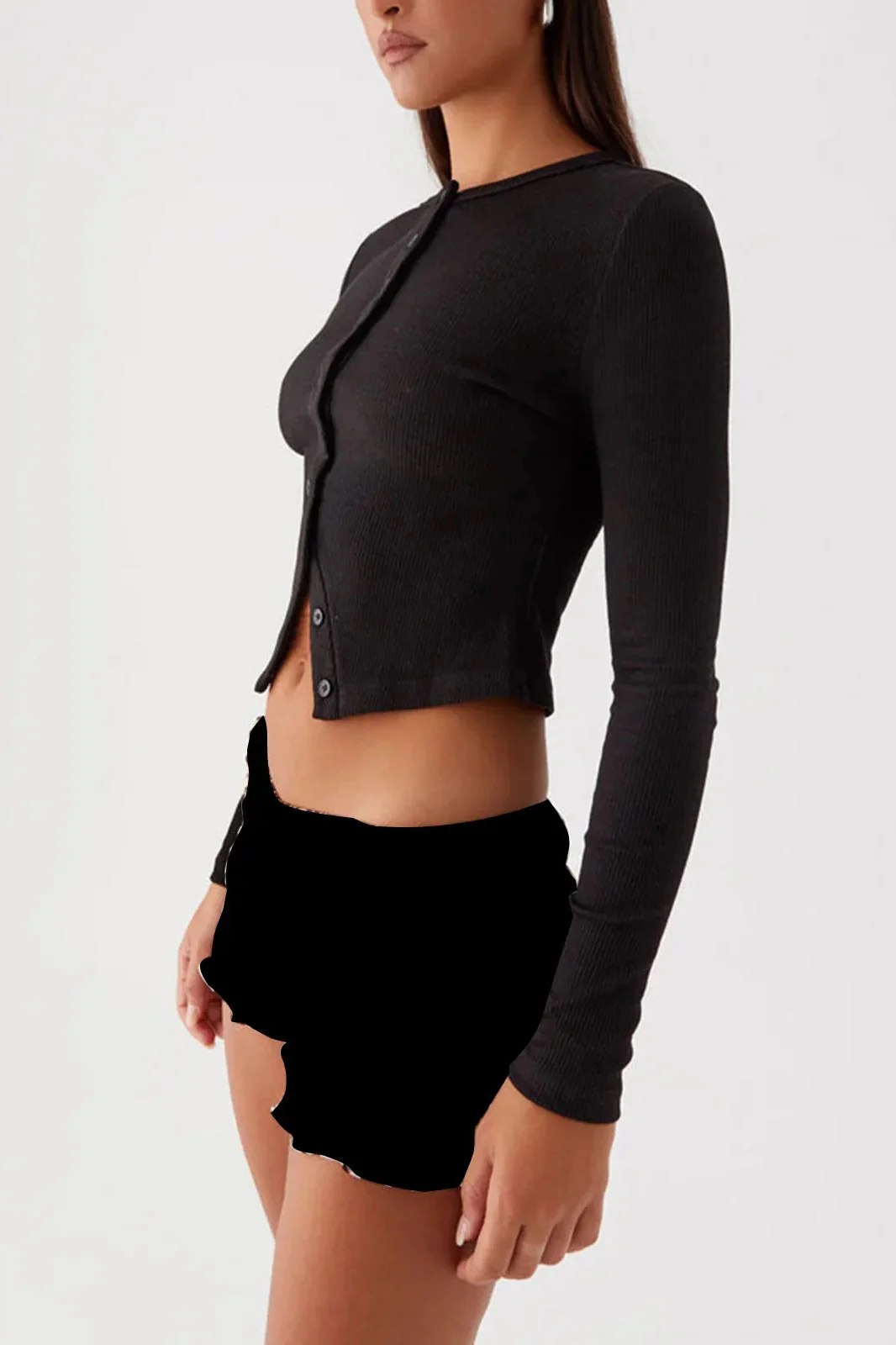Knit Ribbed Button Front Crop Cardigan - Image 5