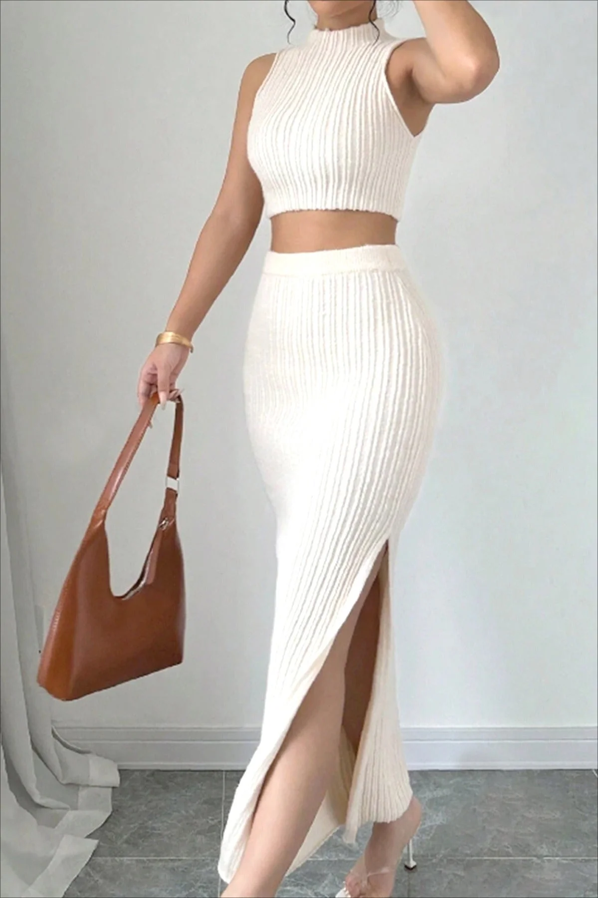 Knit Sweater Tank Top & Split Skirt Sweater Dress - Image 2