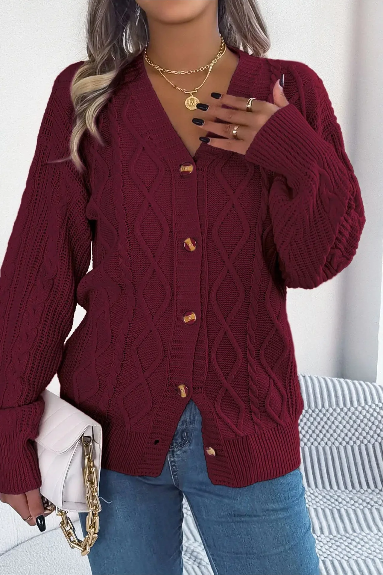 Knitted Long Sleeve Loose Single Breasted Cardigan - Image 15
