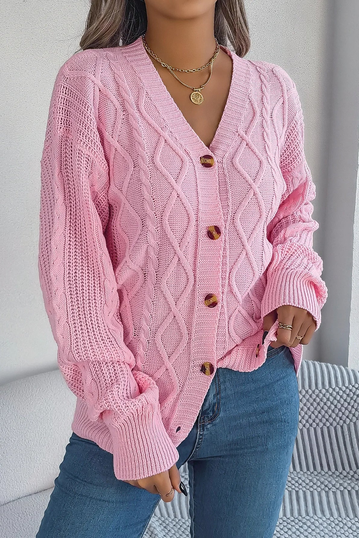 Knitted Long Sleeve Loose Single Breasted Cardigan - Image 20