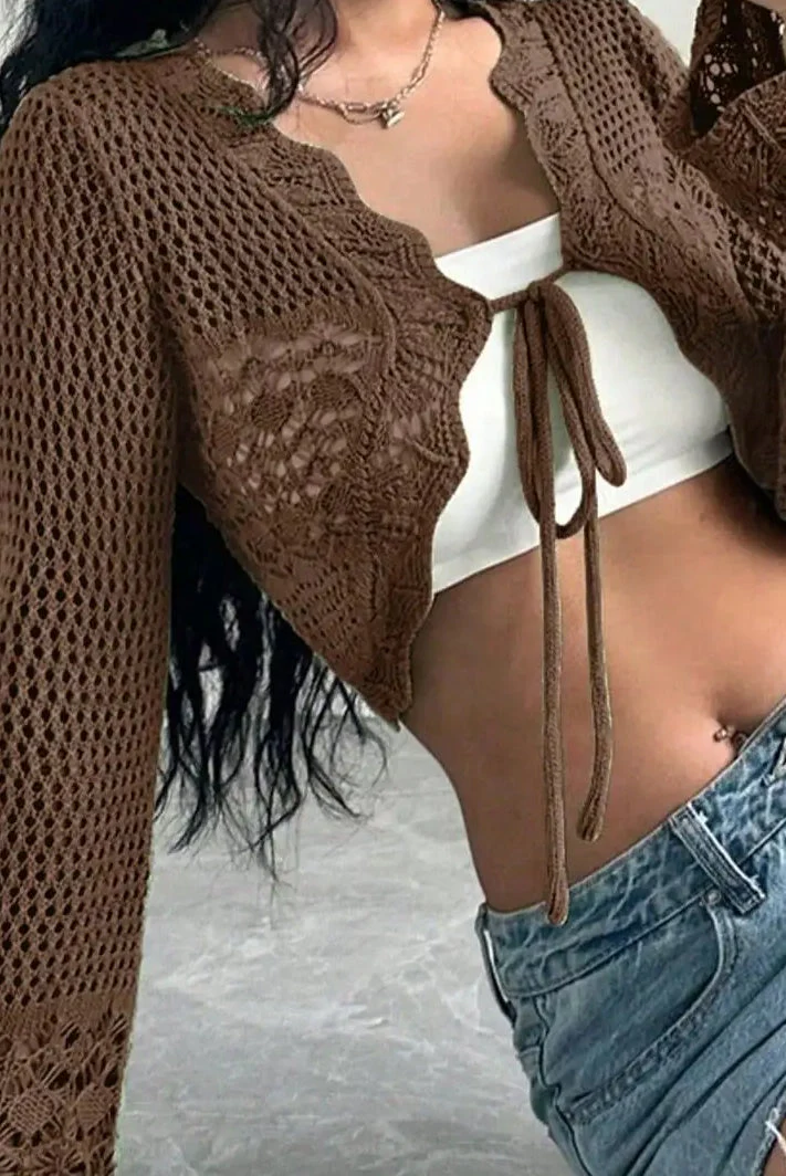 Korejpaa Y2k Clothes Ropa De Mujer Brown Hollowed Out Knitted Cardigan - Image 2