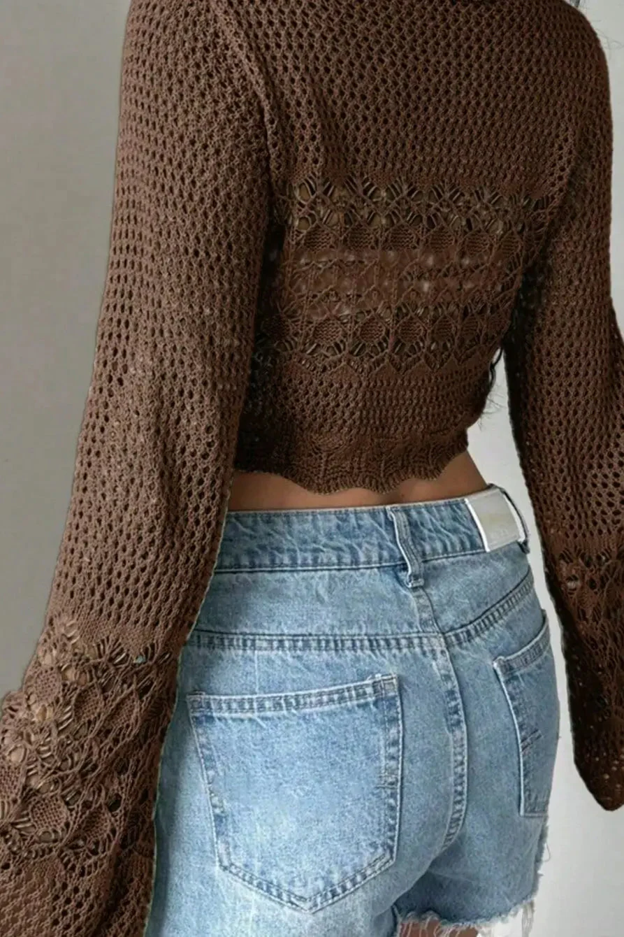 Korejpaa Y2k Clothes Ropa De Mujer Brown Hollowed Out Knitted Cardigan - Image 3