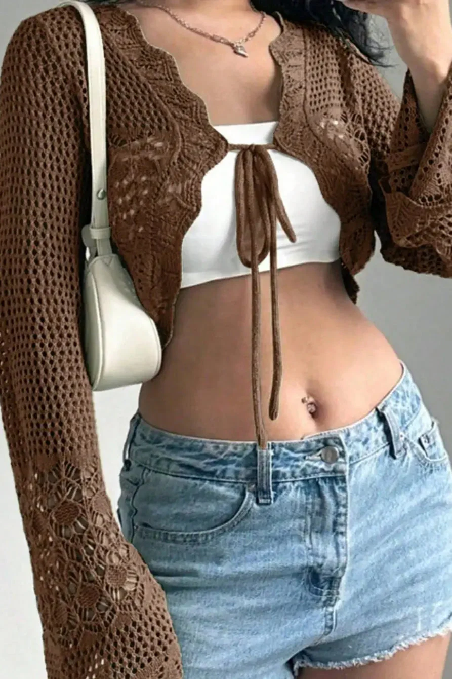 Korejpaa Y2k Clothes Ropa De Mujer Brown Hollowed Out Knitted Cardigan - Image 5