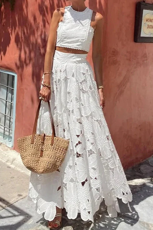 Lace Hollow Out Loose Beach Two Piece Boho Dress - Image 12