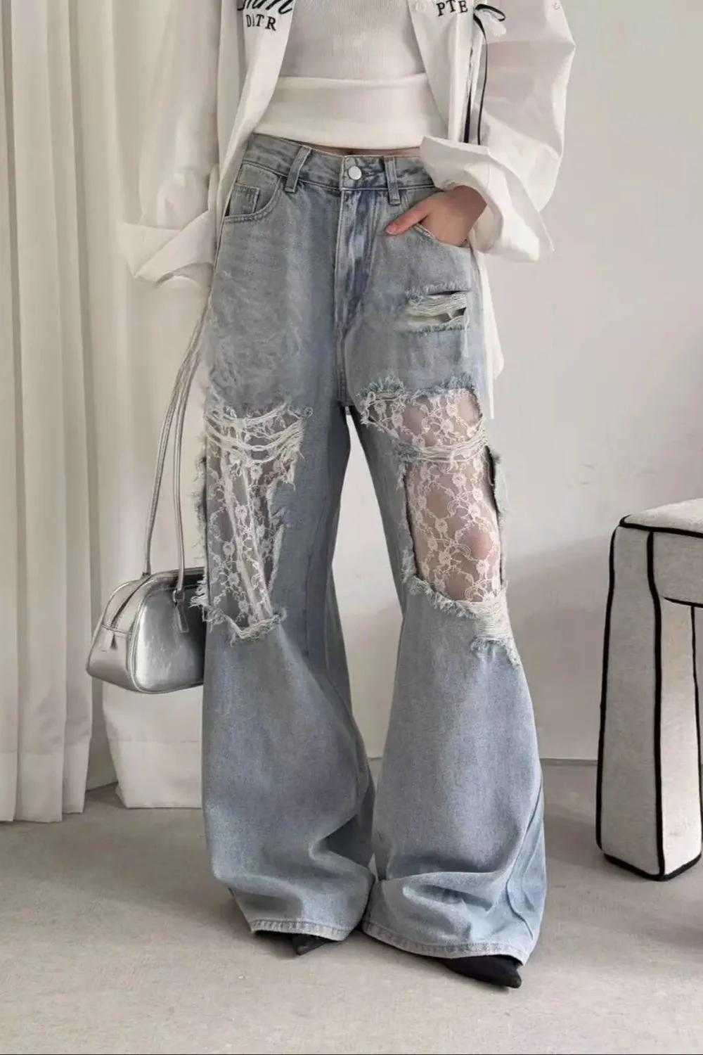 Lace Patchwork Ripped Loose Jeans - Image 14