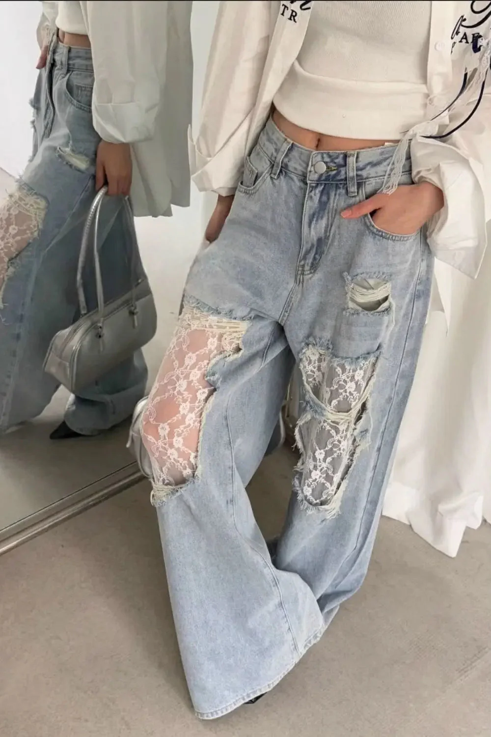 Lace Patchwork Ripped Loose Jeans - Image 16