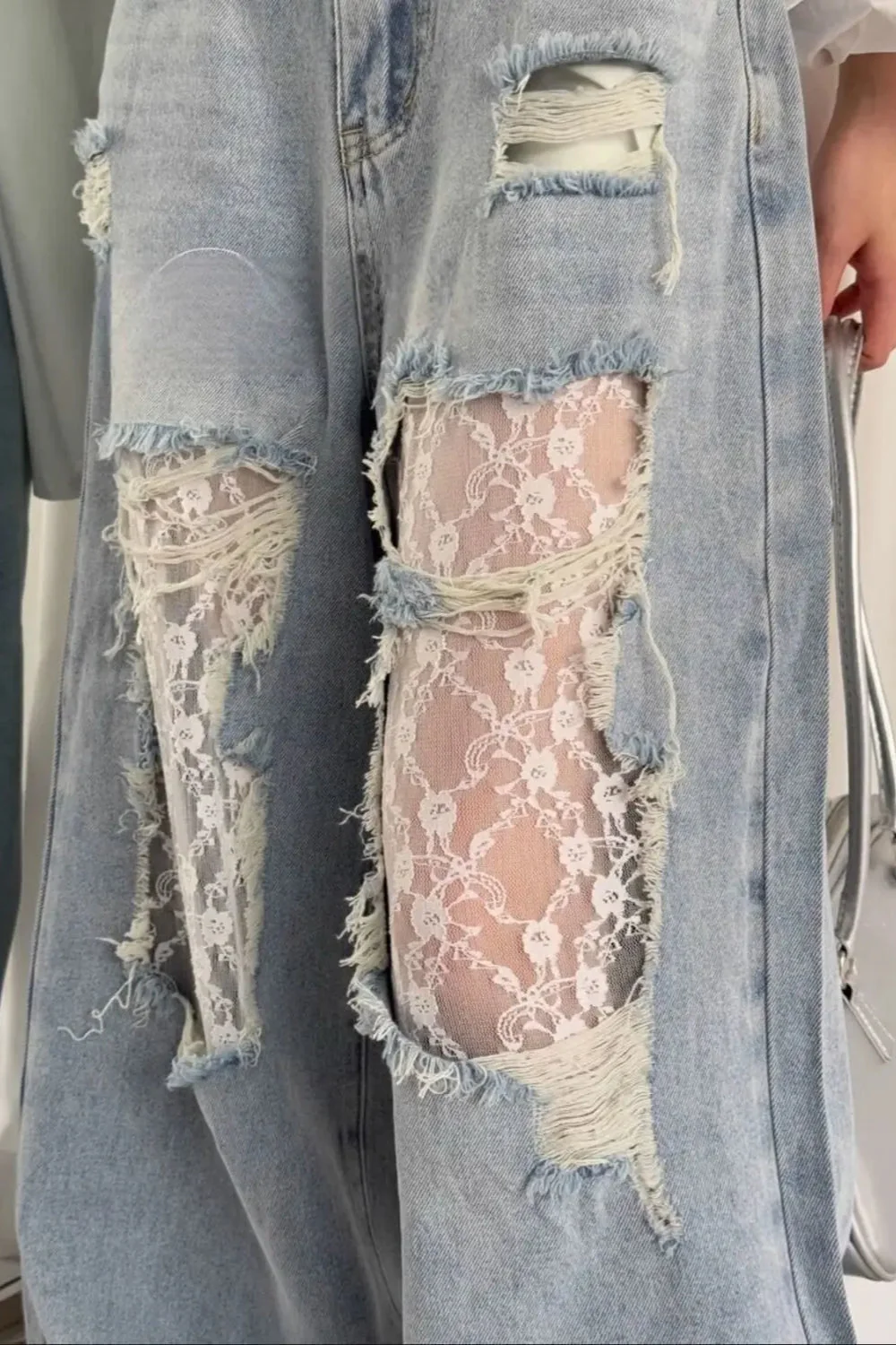 Lace Patchwork Ripped Loose Jeans - Image 2