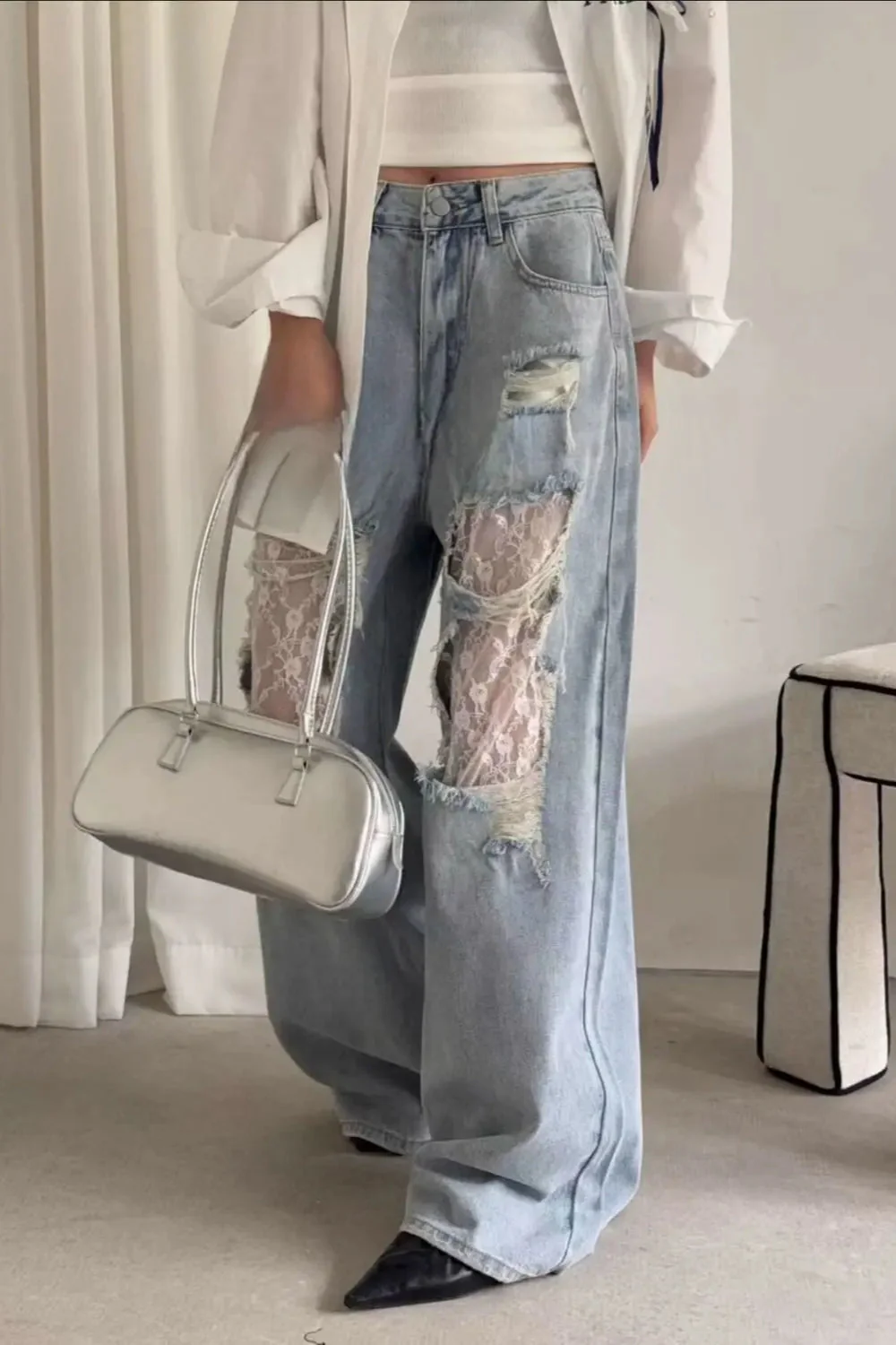 Lace Patchwork Ripped Loose Jeans - Image 21