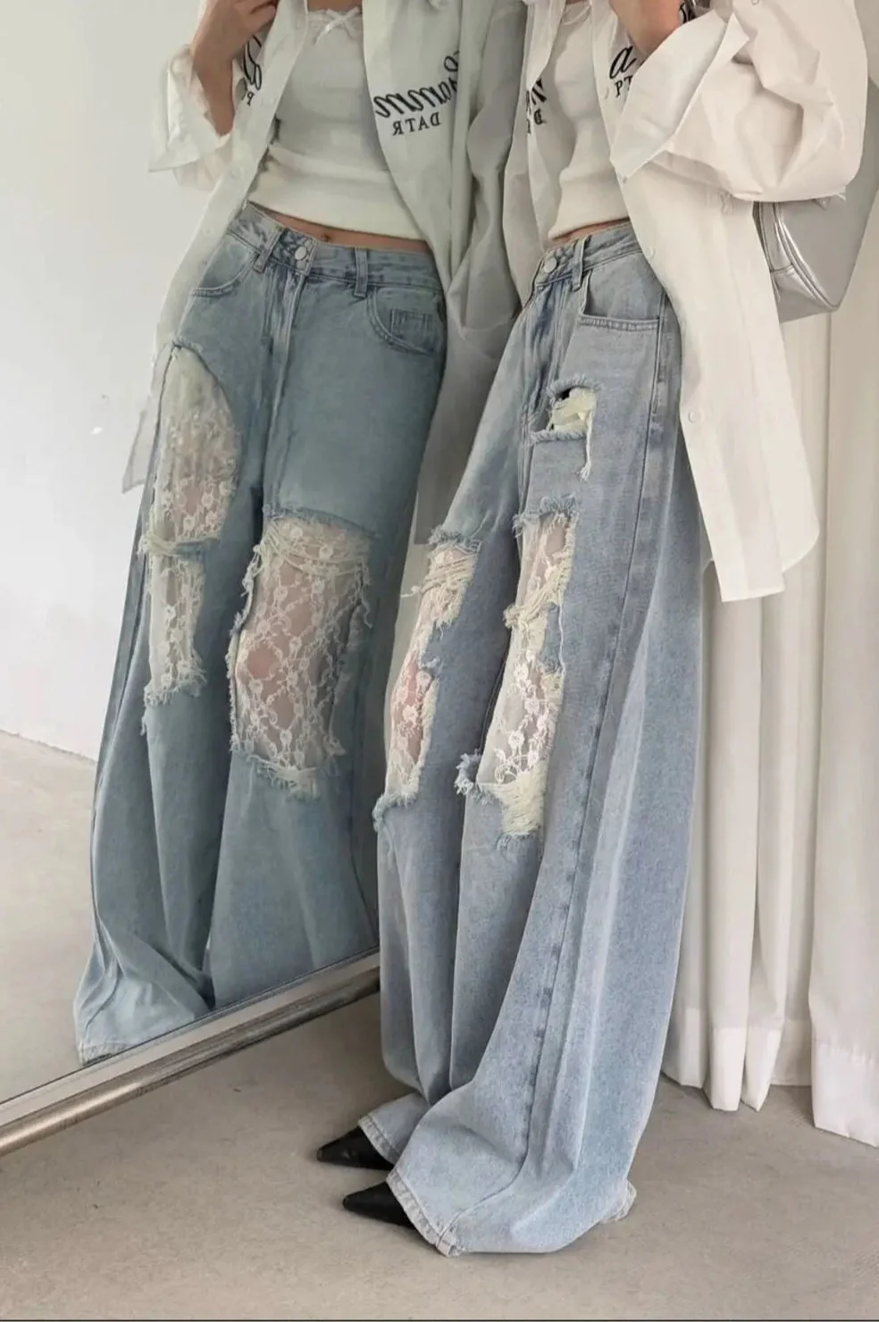 Lace Patchwork Ripped Loose Jeans - Image 7