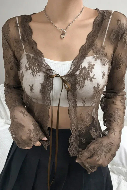 Lace Tie Front Sheer Crop Cardigan - Image 2