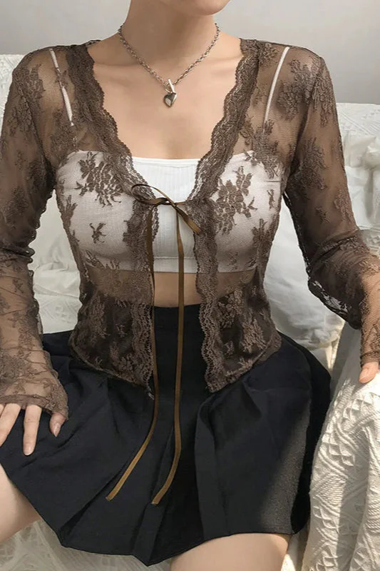 Lace Tie Front Sheer Crop Cardigan - Image 3