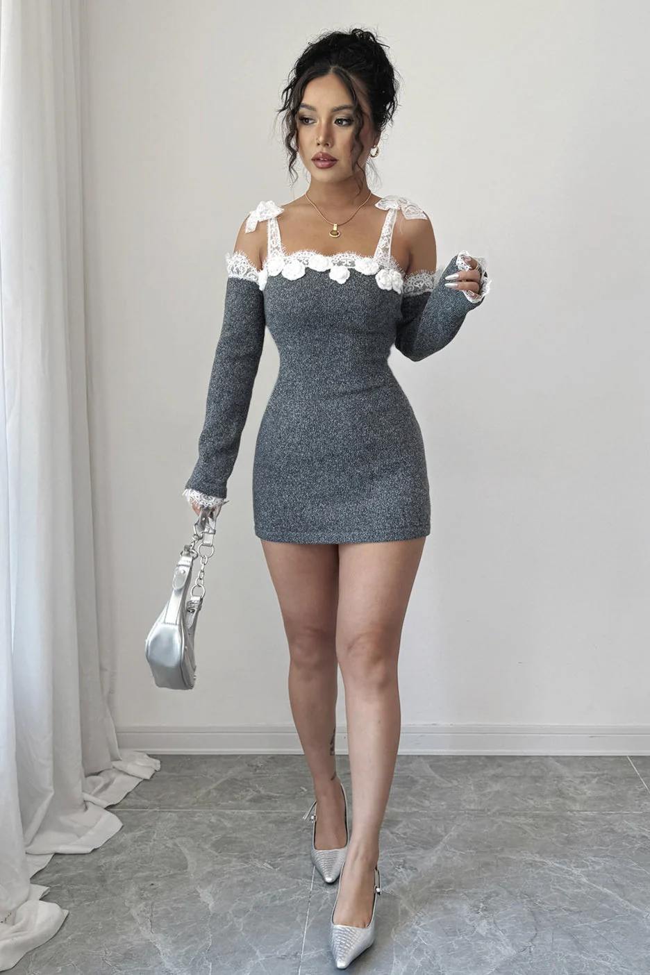 Lace Trim Off Shoulder Sweater Dress - Image 3