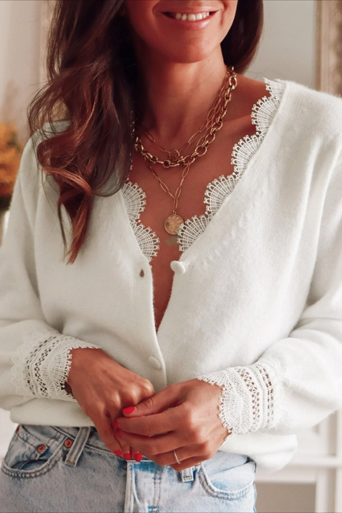Lace Trim V Neck Cardigan - Image 4