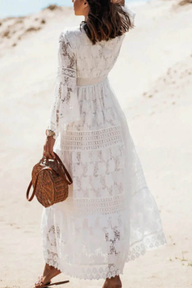 Lace V Neck Hollow Boho Dress - Image 11