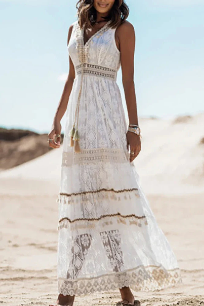 Lace V Neck Hollow Boho Dress - Image 14